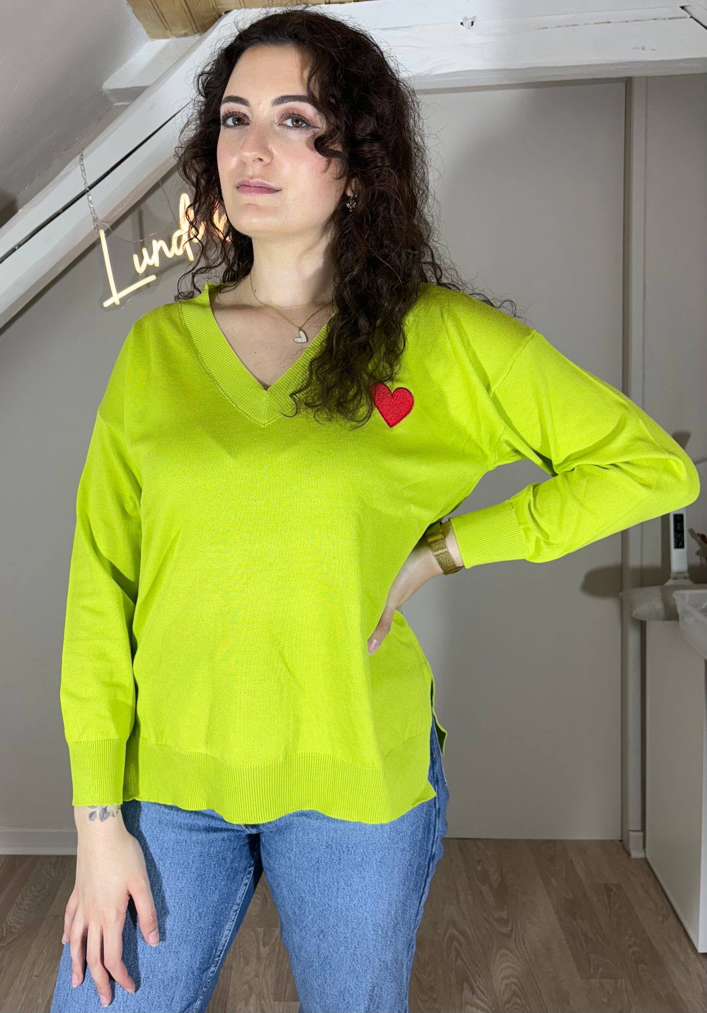 Pull fin coeur, blanc ou vert