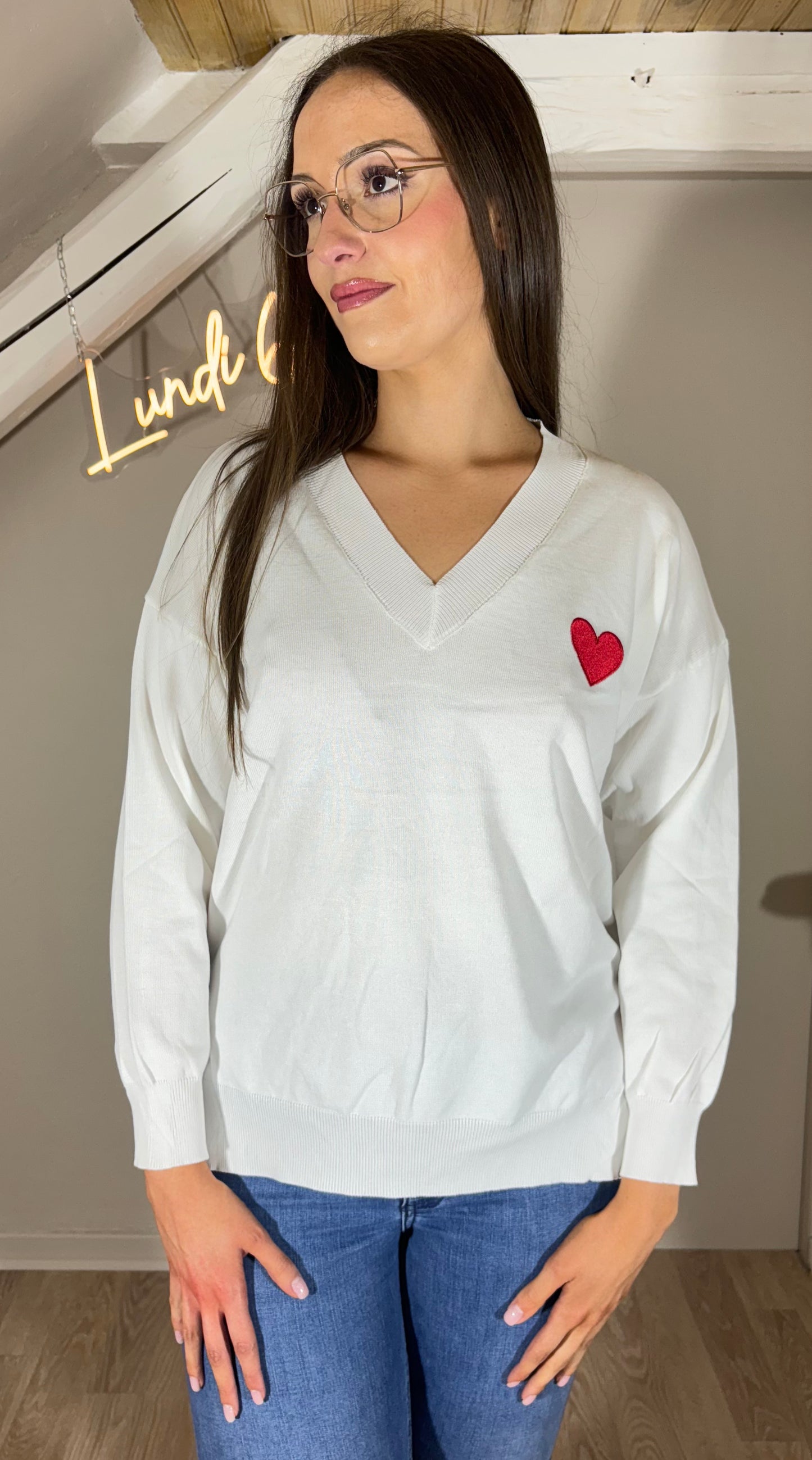 Pull fin coeur, blanc ou vert