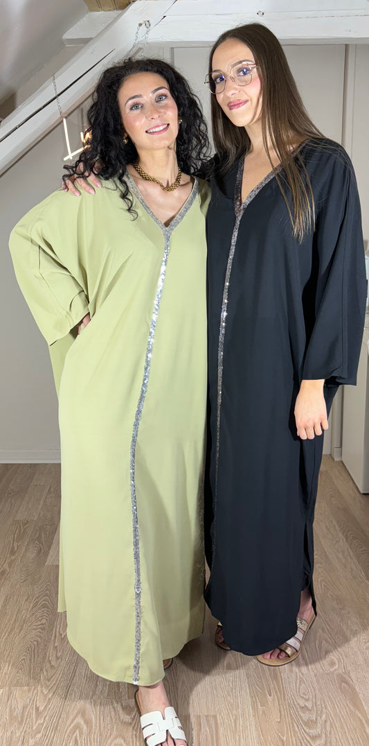 Abaya liseré argent, noire ou vert olive clair