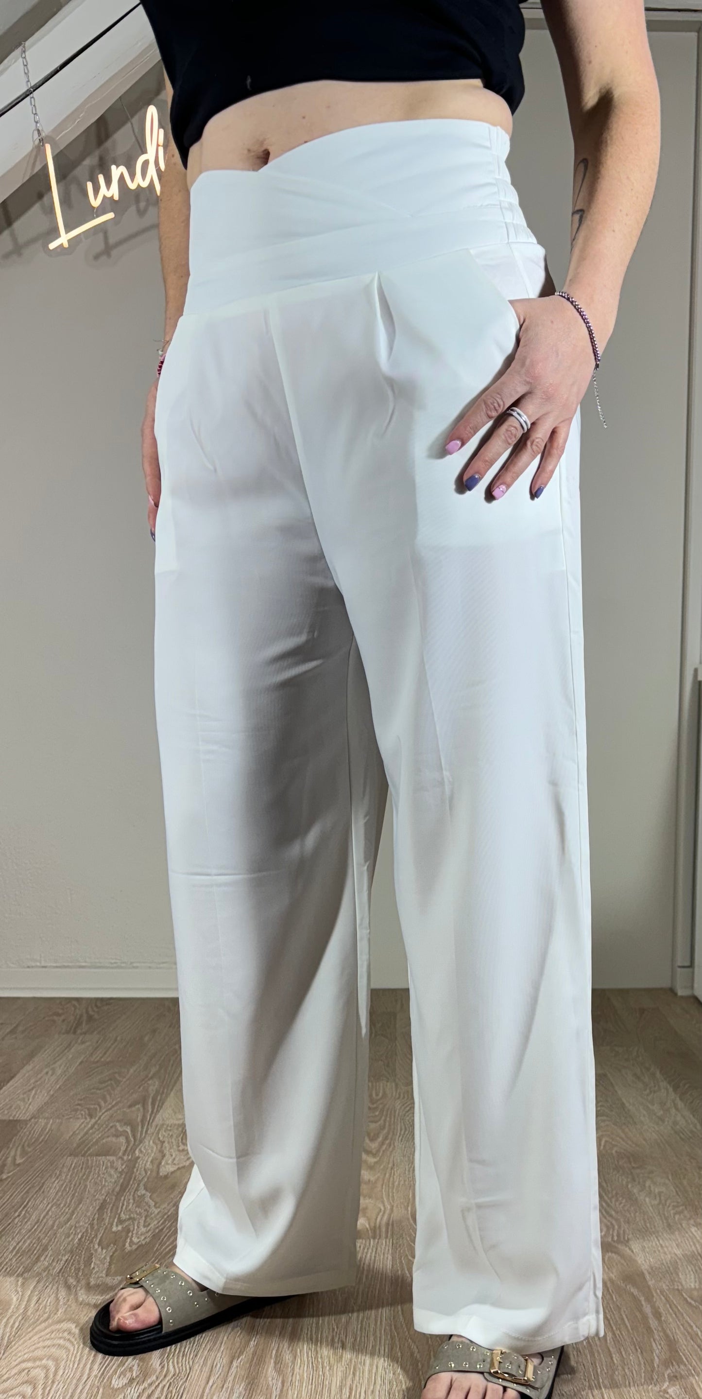 Pantalon taille haute bleu ou blanc