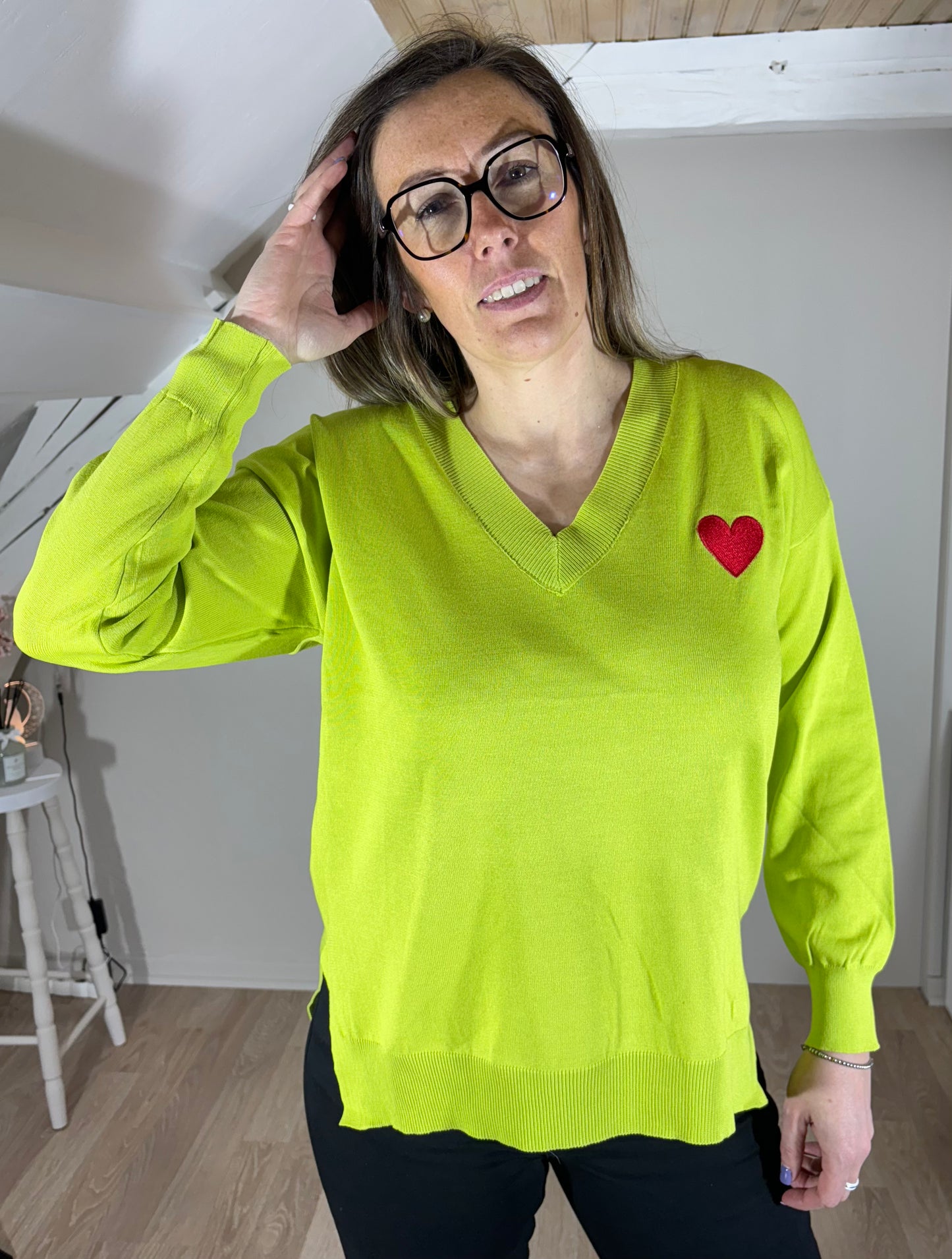 Pull fin coeur, blanc ou vert