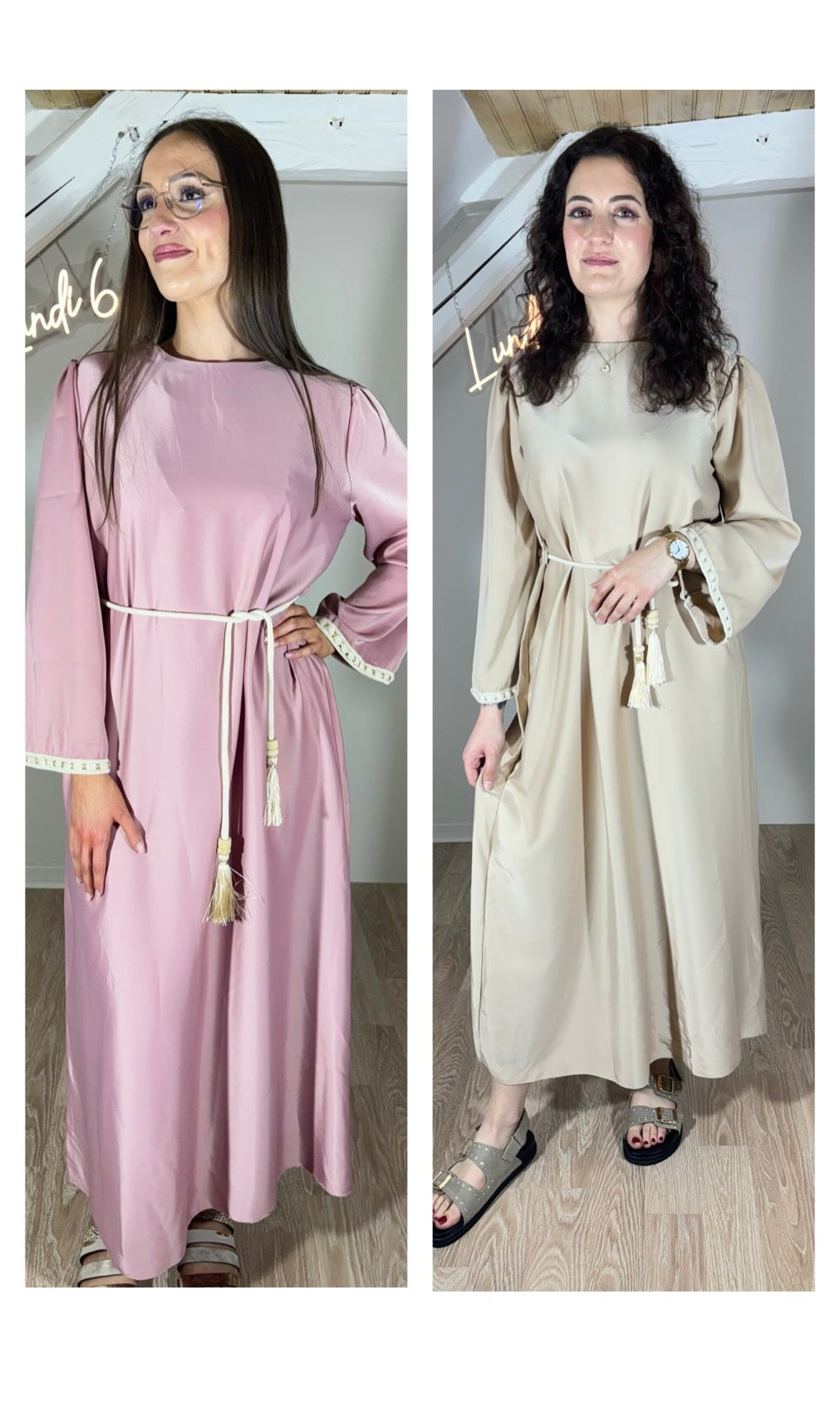 Abaya satinée avec ceinture vieux rose ou beige