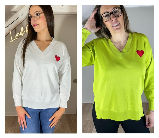 Pull fin coeur, blanc ou vert