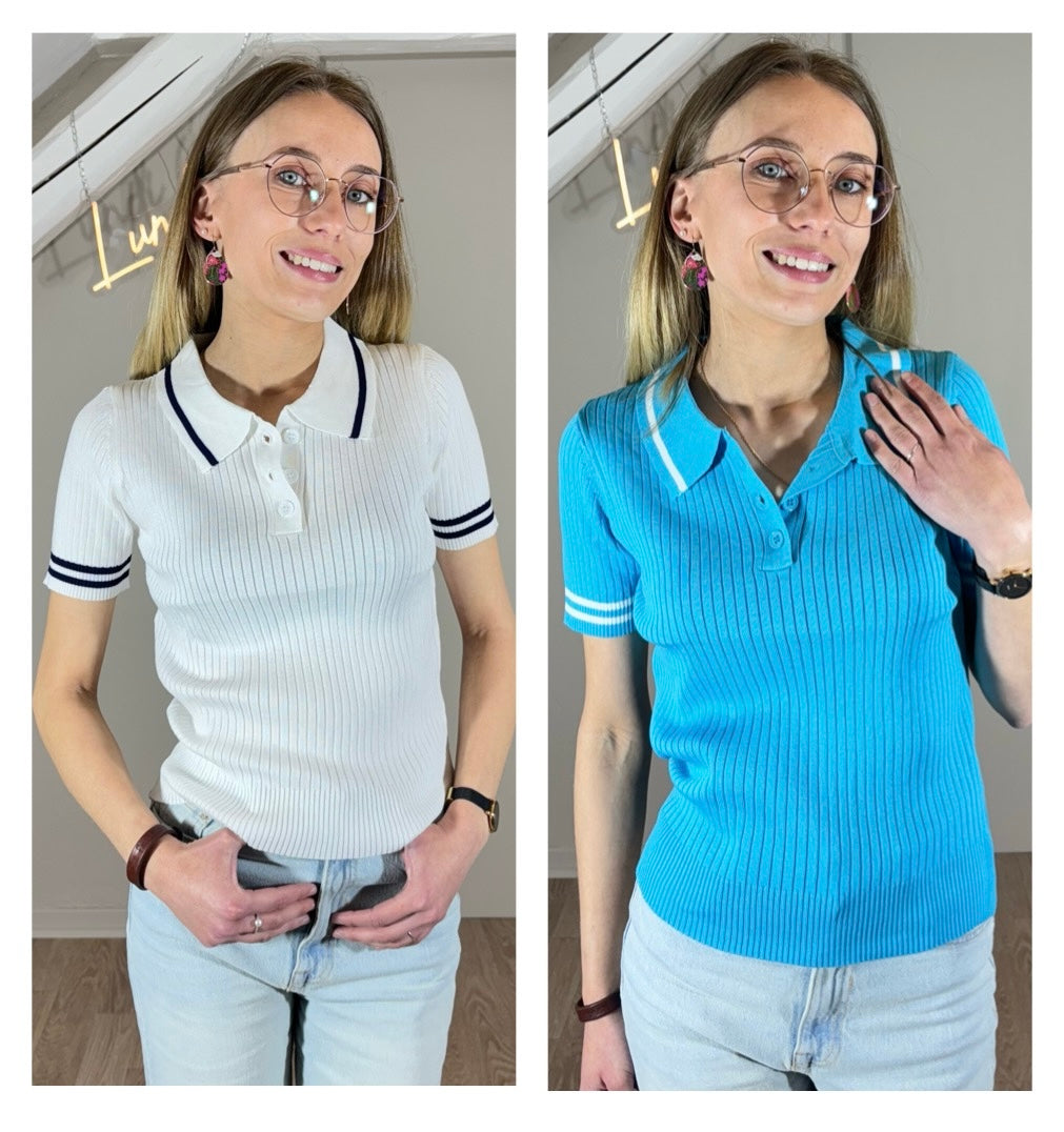 Polo mailles blanc ou bleu