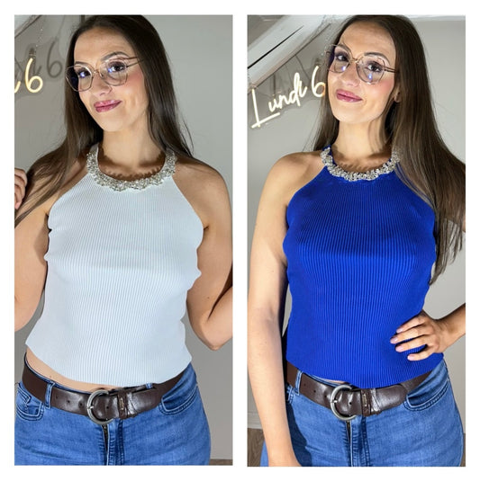 Top collier intégré strass, blanc ou bleu