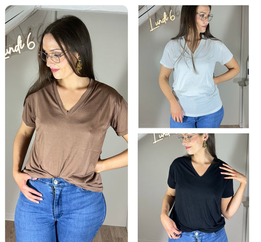 Tee-shirt col V blanc, marron ou noir