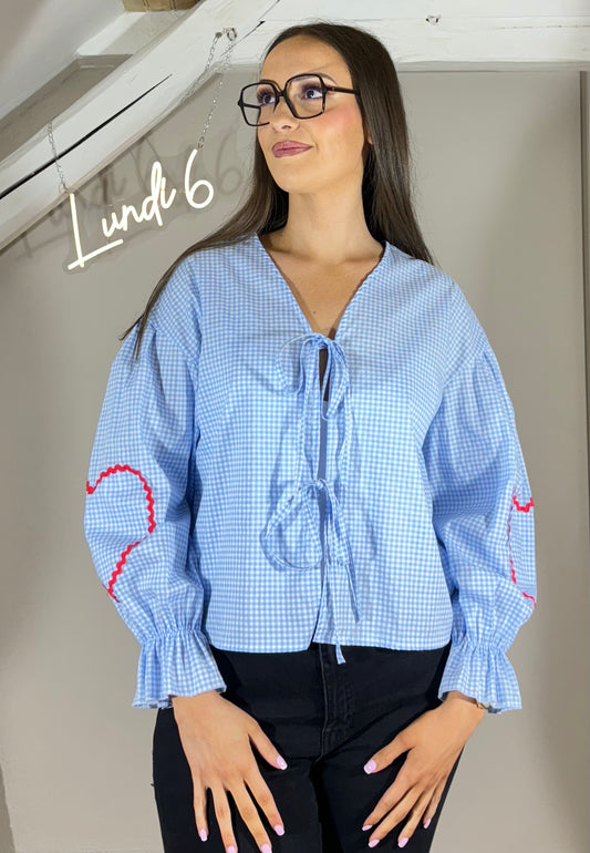 Blouse nœuds vichy - bleue