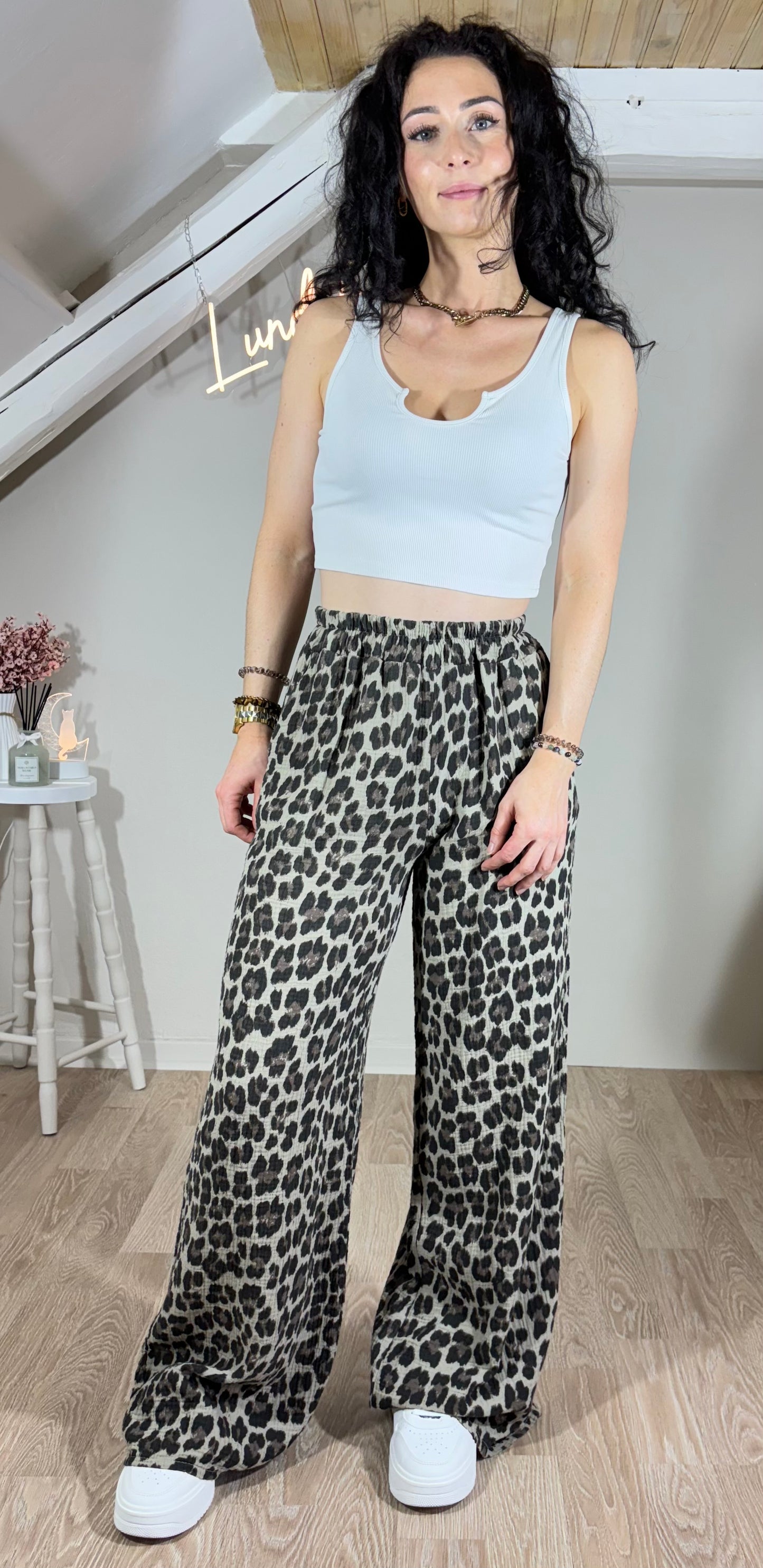 Pantalon léopard en gaze de coton