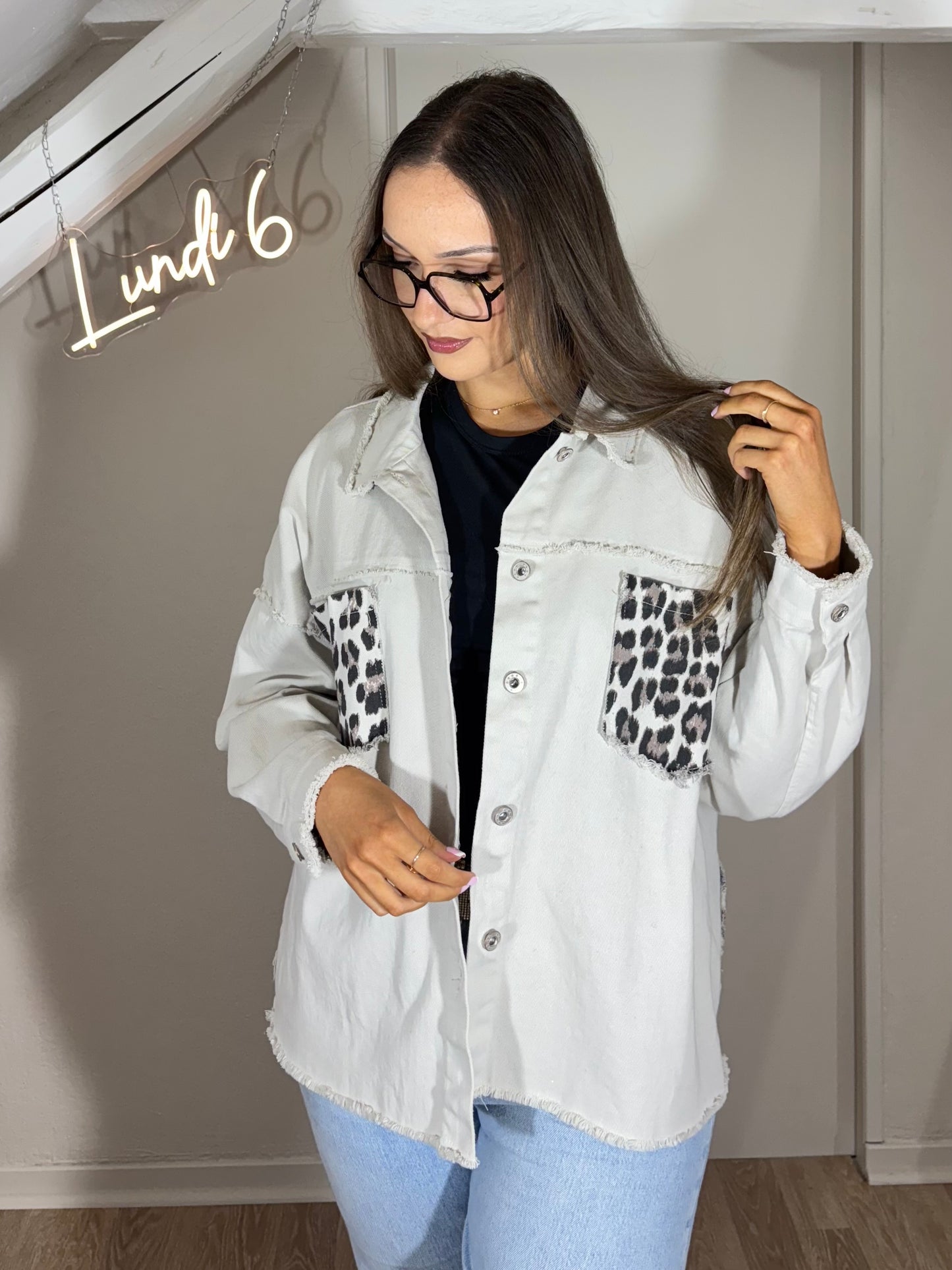 Veste denim léopard oversize