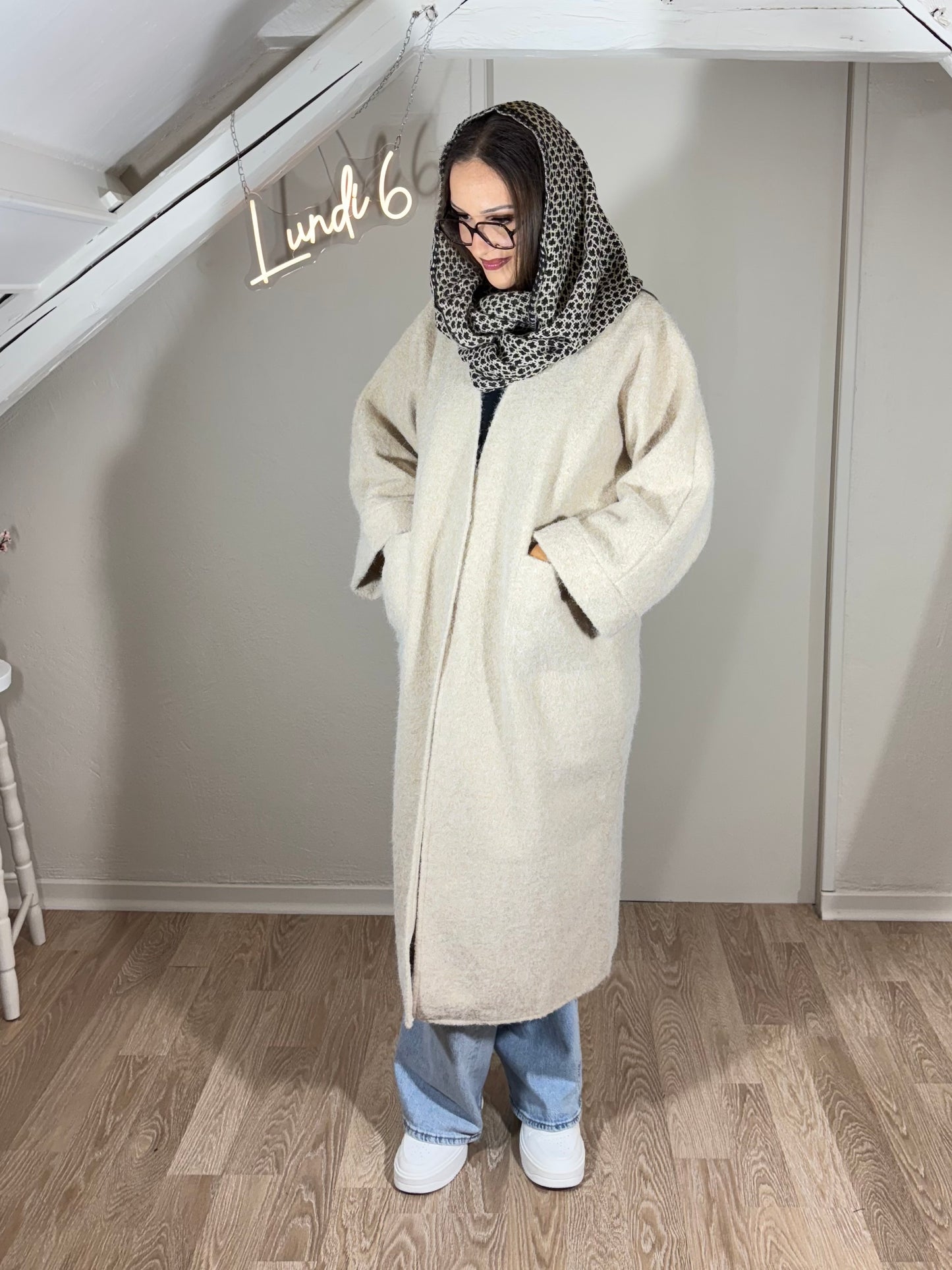 Manteau long oversize bouclettes - crème